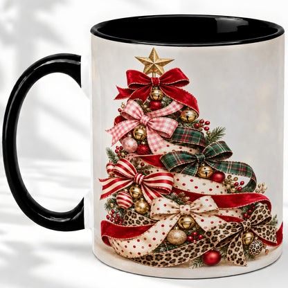 #pl[11oz|Black] Ribbon Christmas Tree Ceramic Mug, Festive Holiday Coffee Cup