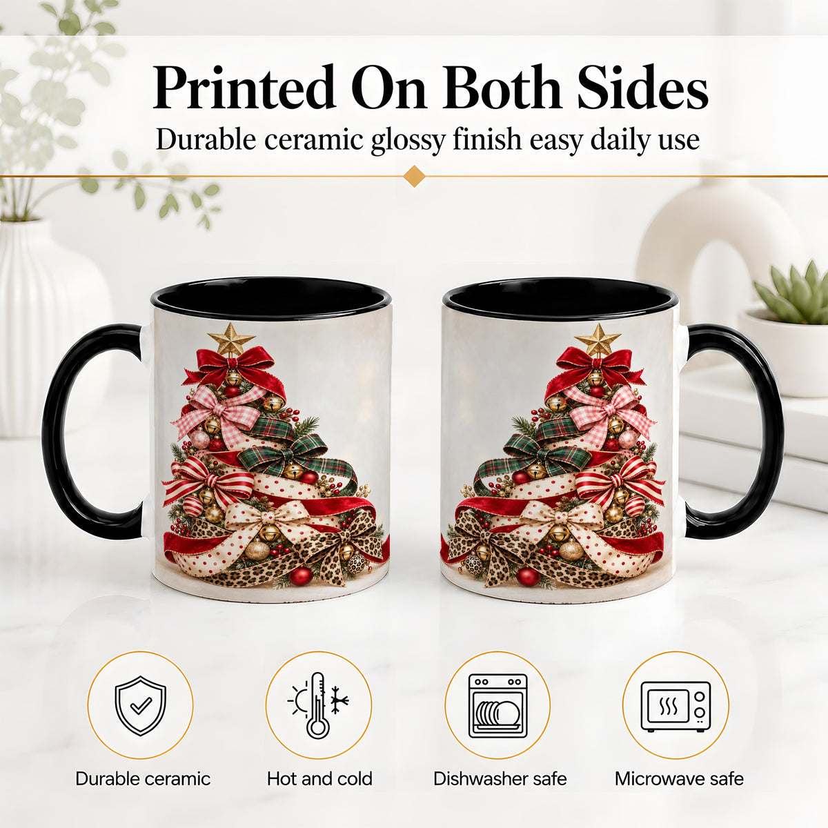 #pl[11oz|Black] Ribbon Christmas Tree Ceramic Mug, Festive Holiday Coffee Cup