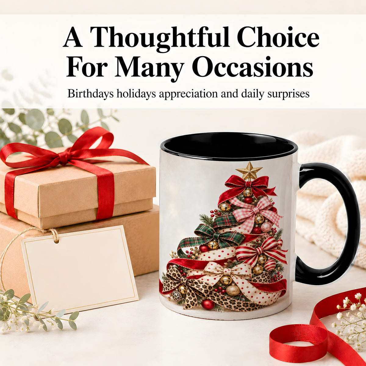 #pl[11oz|Black] Ribbon Christmas Tree Ceramic Mug, Festive Holiday Coffee Cup