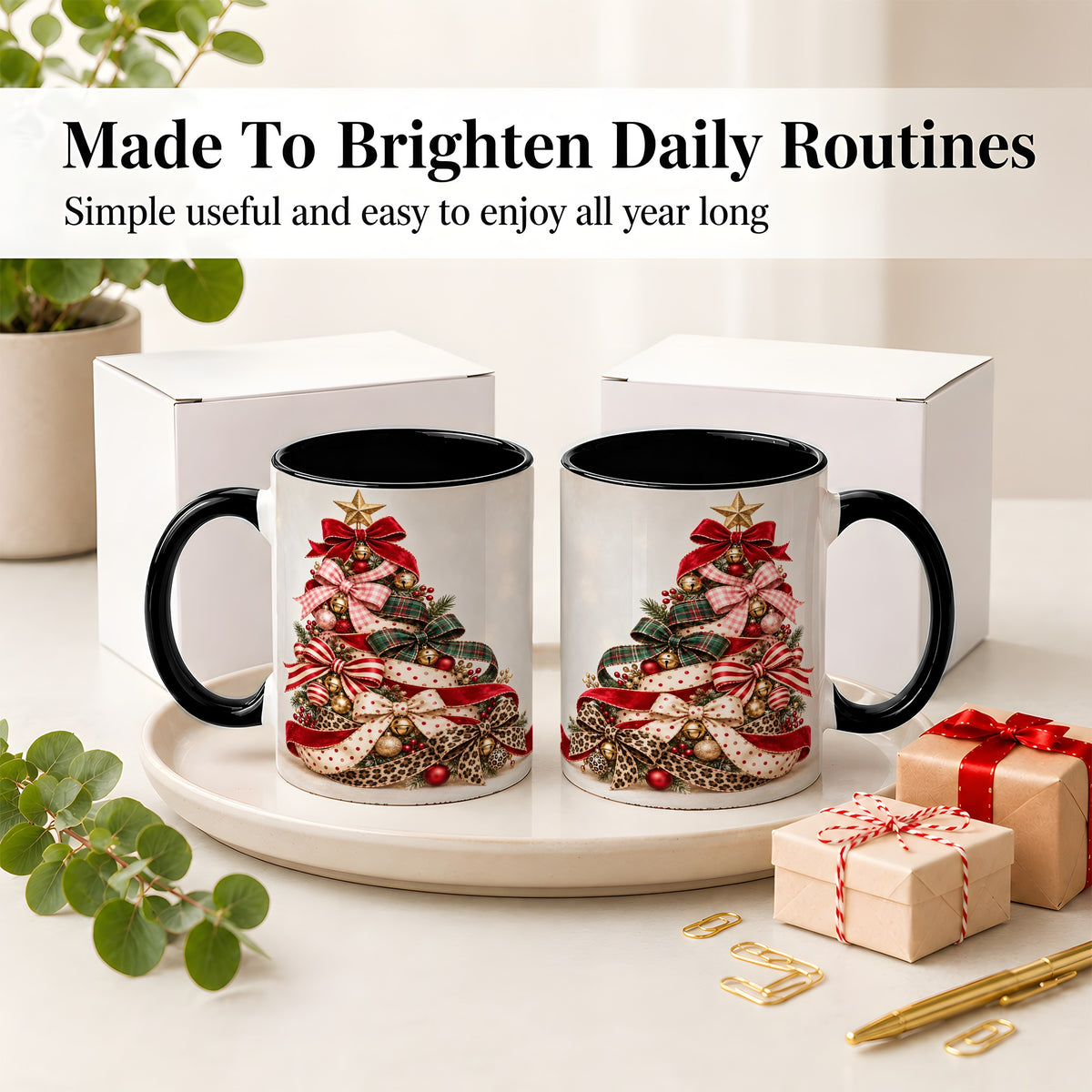 #pl[11oz|Black] Ribbon Christmas Tree Ceramic Mug, Festive Holiday Coffee Cup