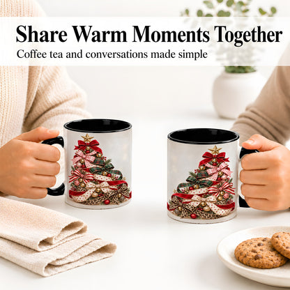 #pl[11oz|Black] Ribbon Christmas Tree Ceramic Mug, Festive Holiday Coffee Cup