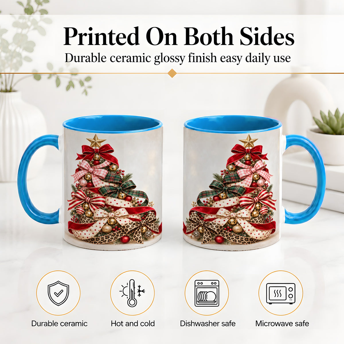 #pl[11oz|Blue] Ribbon Christmas Tree Ceramic Mug, Festive Holiday Coffee Cup