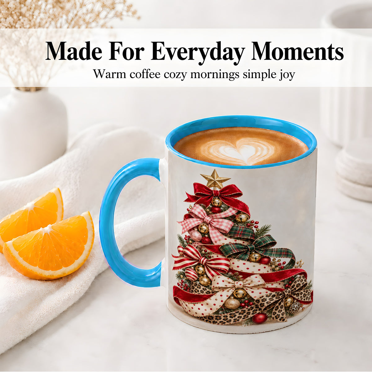#pl[11oz|Blue] Ribbon Christmas Tree Ceramic Mug, Festive Holiday Coffee Cup