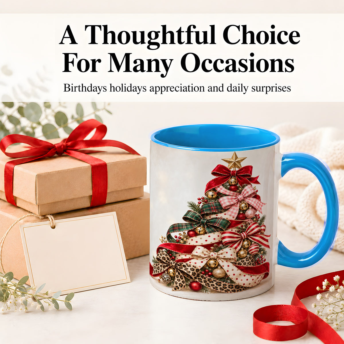 #pl[11oz|Blue] Ribbon Christmas Tree Ceramic Mug, Festive Holiday Coffee Cup