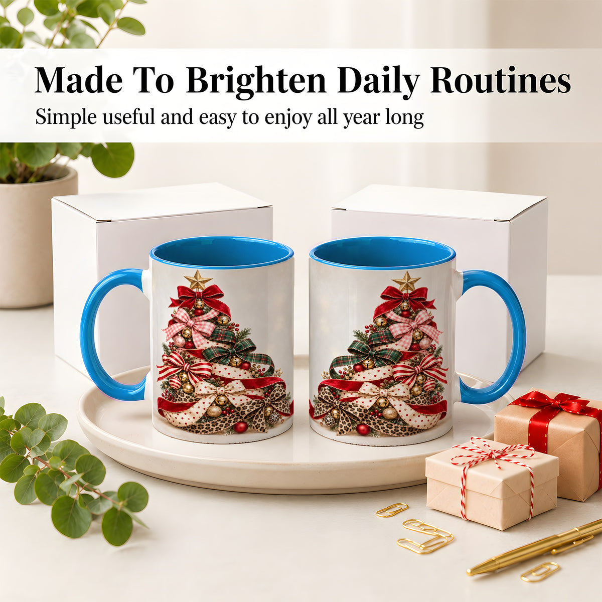 #pl[11oz|Blue] Ribbon Christmas Tree Ceramic Mug, Festive Holiday Coffee Cup