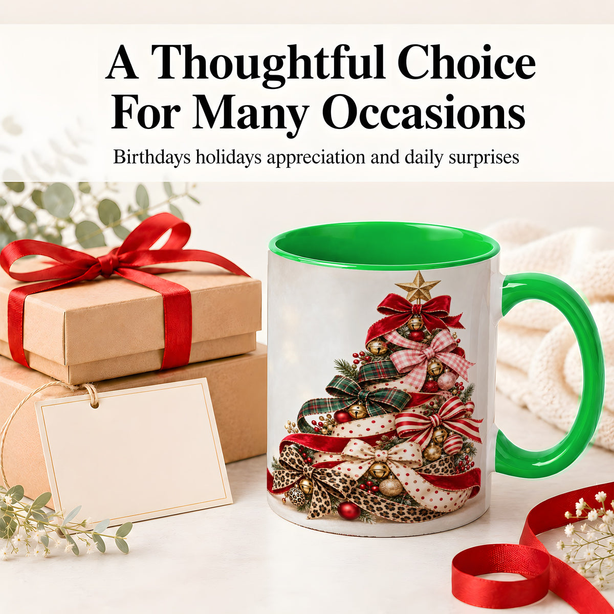 #pl[11oz|Green] Ribbon Christmas Tree Ceramic Mug, Festive Holiday Coffee Cup