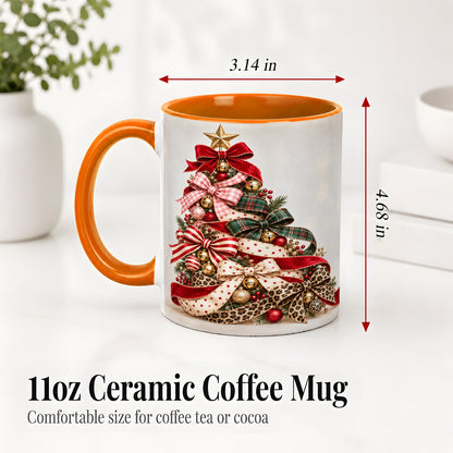 #pl[11oz|Orange] Ribbon Christmas Tree Ceramic Mug, Festive Holiday Coffee Cup