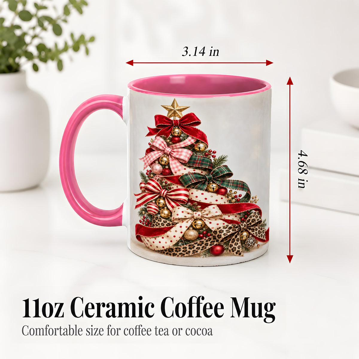 #pl[11oz|Pink] Ribbon Christmas Tree Ceramic Mug, Festive Holiday Coffee Cup