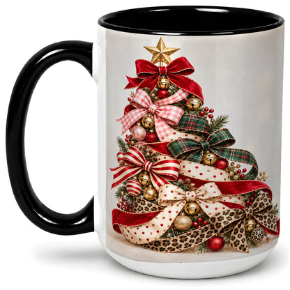 #pl[15oz|Black] Ribbon Christmas Tree Ceramic Mug, Festive Holiday Coffee Cup