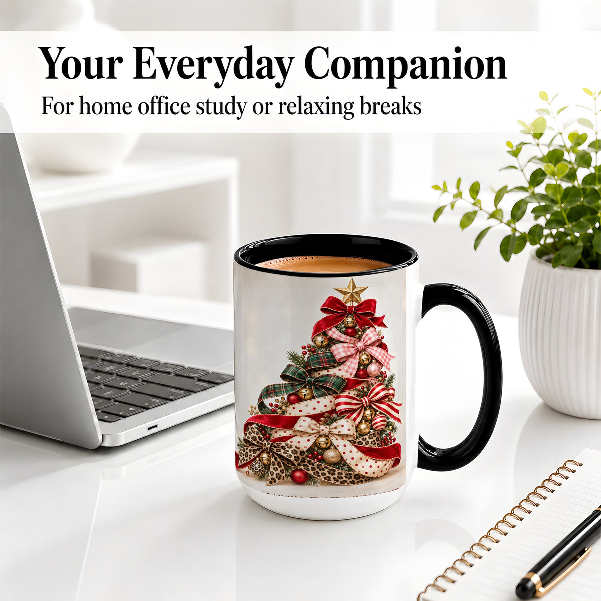 #pl[15oz|Black] Ribbon Christmas Tree Ceramic Mug, Festive Holiday Coffee Cup