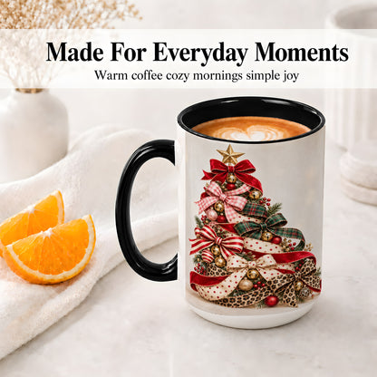 #pl[15oz|Black] Ribbon Christmas Tree Ceramic Mug, Festive Holiday Coffee Cup