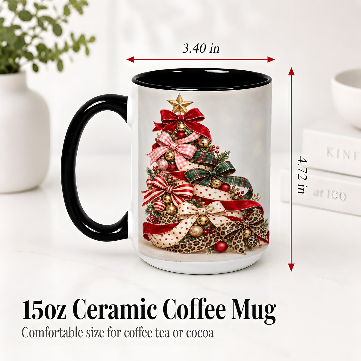 #pl[15oz|Black] Ribbon Christmas Tree Ceramic Mug, Festive Holiday Coffee Cup