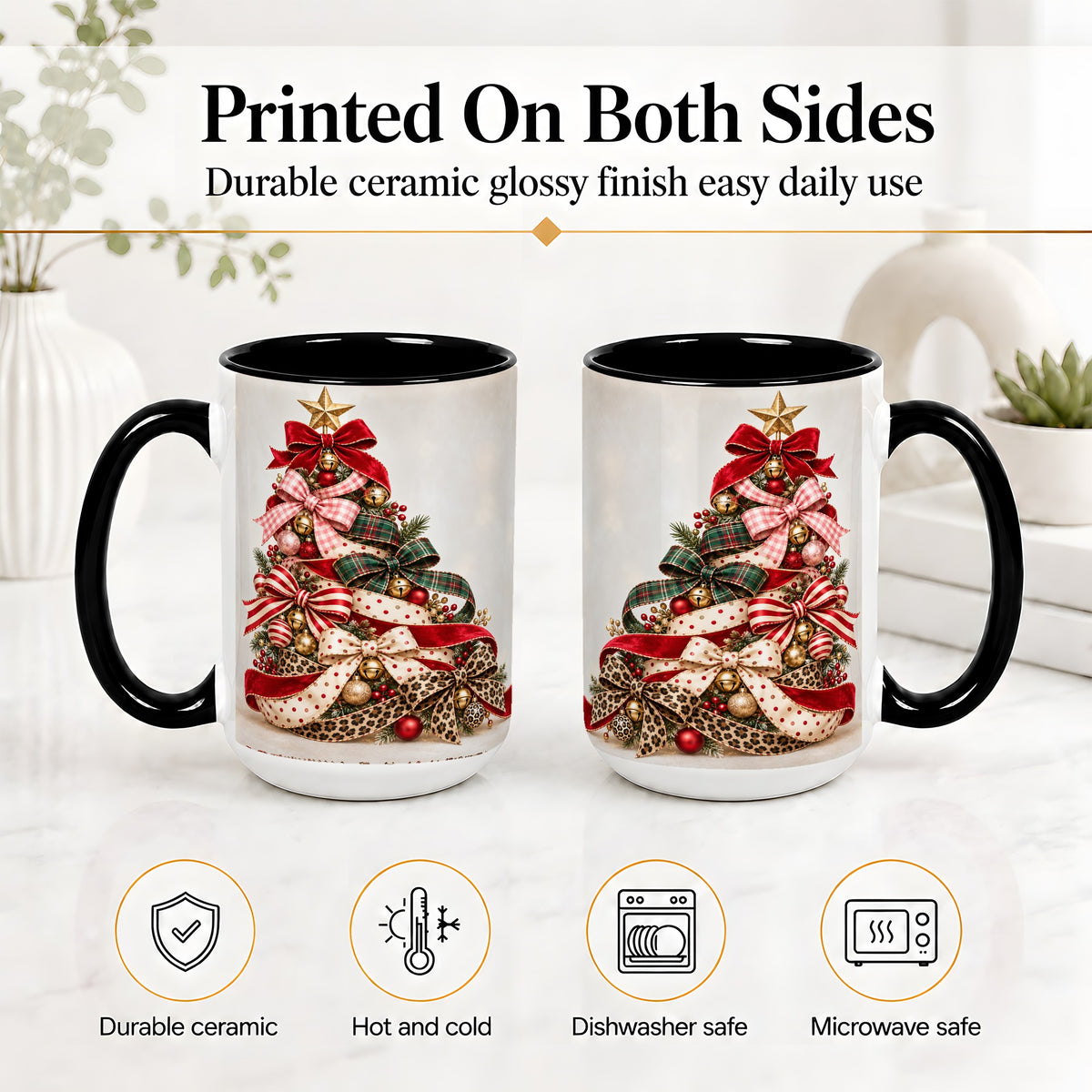 #pl[15oz|Black] Ribbon Christmas Tree Ceramic Mug, Festive Holiday Coffee Cup