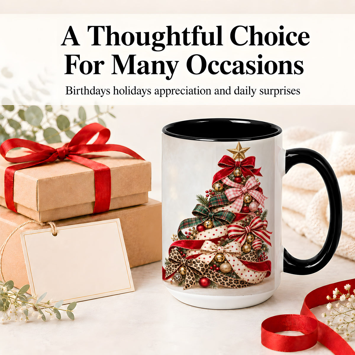 #pl[15oz|Black] Ribbon Christmas Tree Ceramic Mug, Festive Holiday Coffee Cup