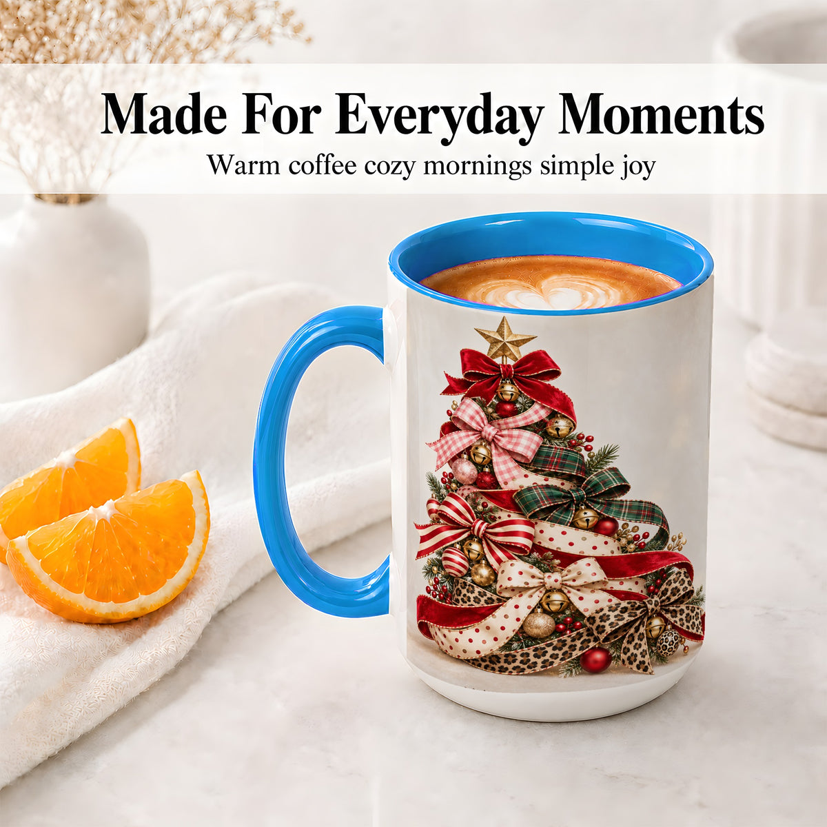 #pl[15oz|Blue] Ribbon Christmas Tree Ceramic Mug, Festive Holiday Coffee Cup