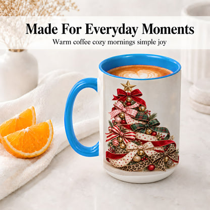 #pl[15oz|Blue] Ribbon Christmas Tree Ceramic Mug, Festive Holiday Coffee Cup