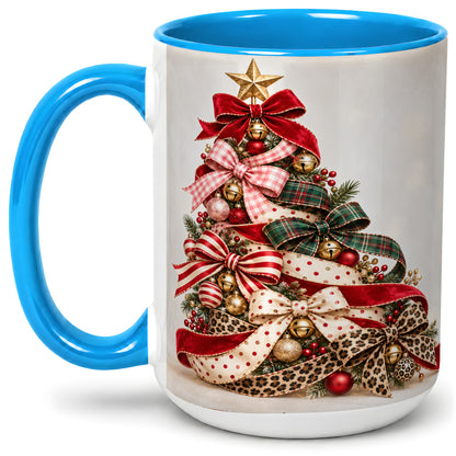 #pl[15oz|Blue] Ribbon Christmas Tree Ceramic Mug, Festive Holiday Coffee Cup