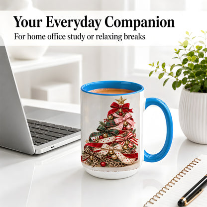 #pl[15oz|Blue] Ribbon Christmas Tree Ceramic Mug, Festive Holiday Coffee Cup