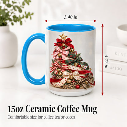 #pl[15oz|Blue] Ribbon Christmas Tree Ceramic Mug, Festive Holiday Coffee Cup