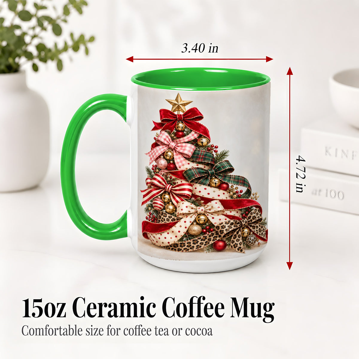 #pl[15oz|Green] Ribbon Christmas Tree Ceramic Mug, Festive Holiday Coffee Cup