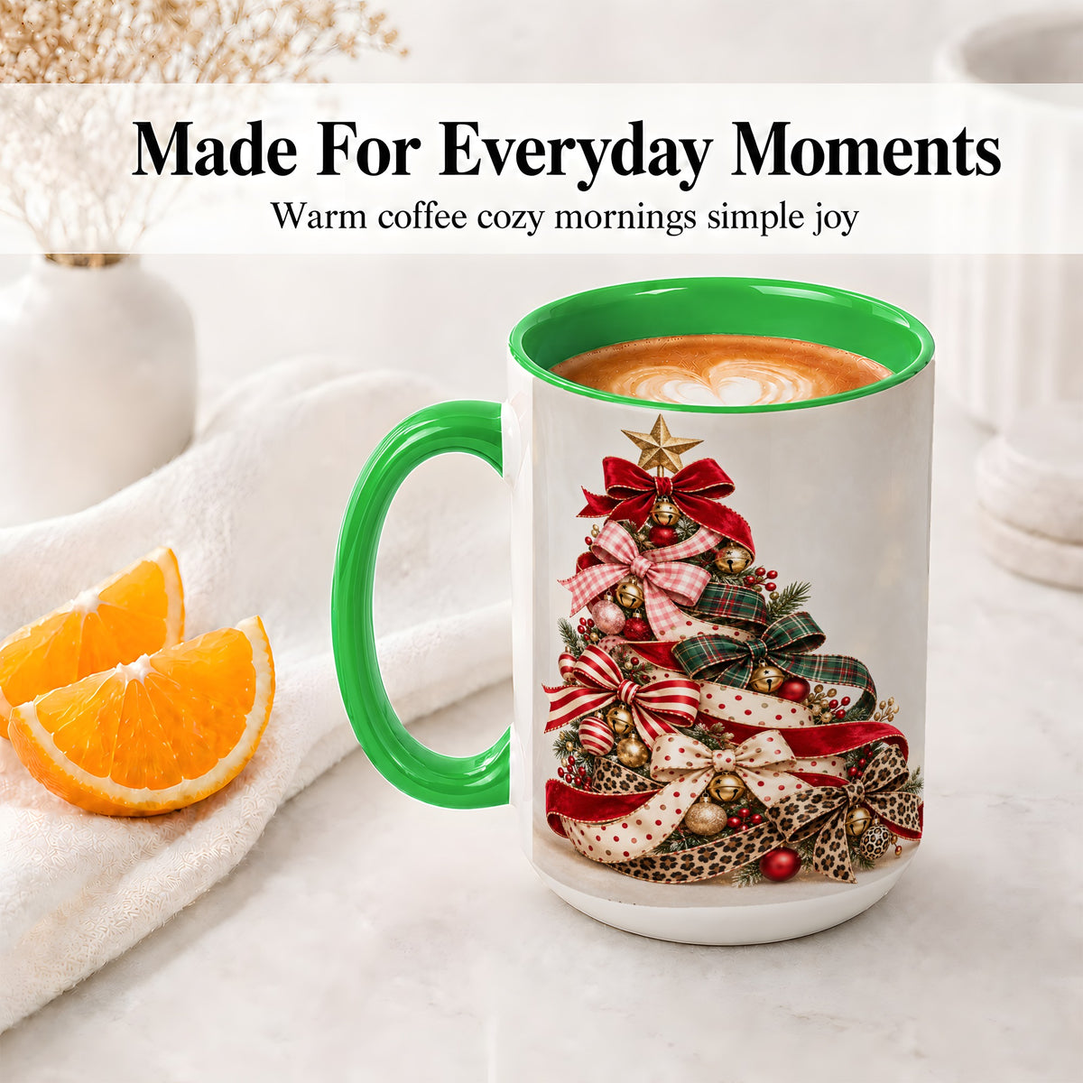 #pl[15oz|Green] Ribbon Christmas Tree Ceramic Mug, Festive Holiday Coffee Cup