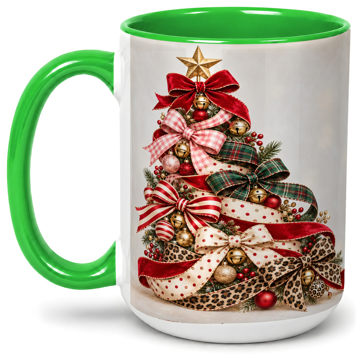 #pl[15oz|Green] Ribbon Christmas Tree Ceramic Mug, Festive Holiday Coffee Cup