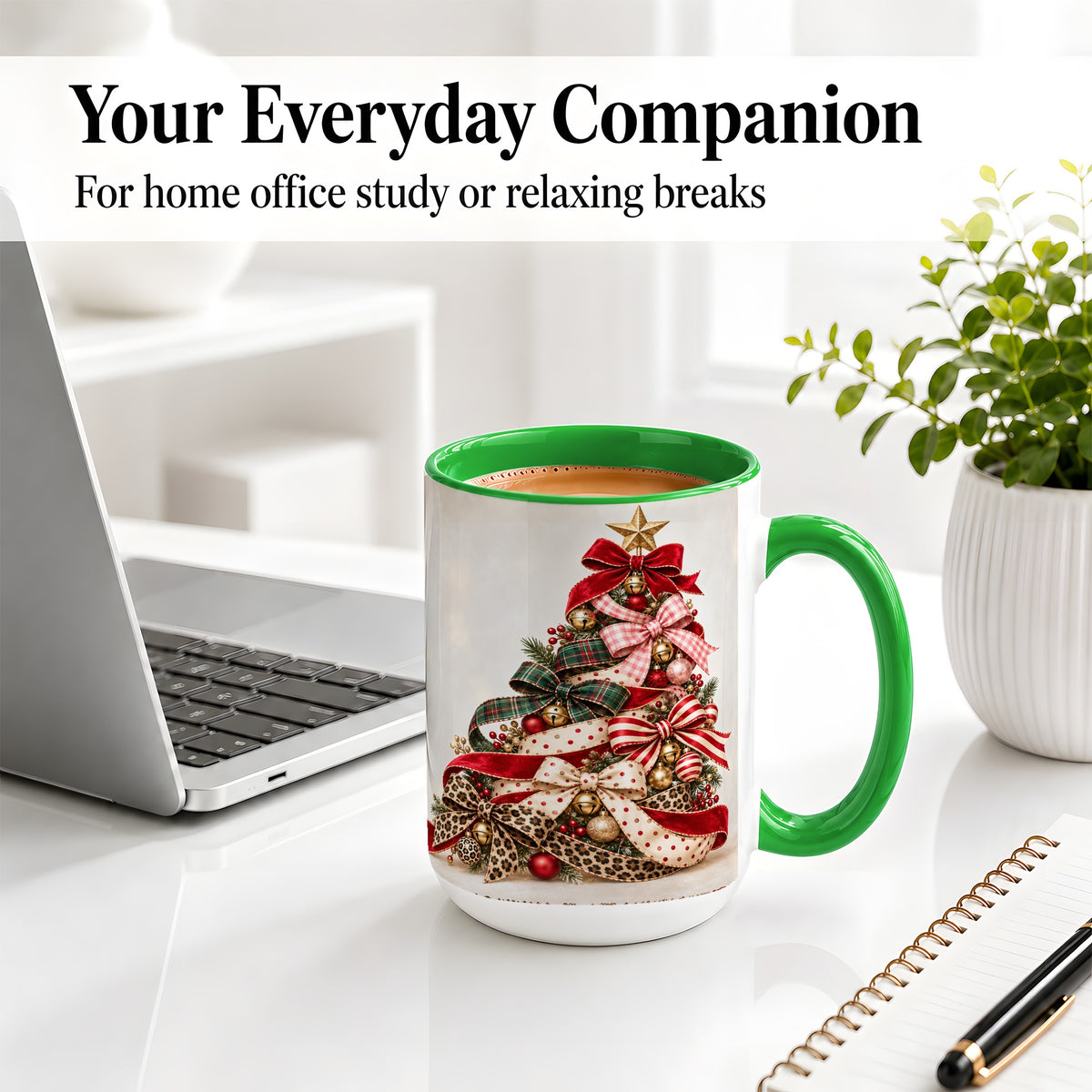 #pl[15oz|Green] Ribbon Christmas Tree Ceramic Mug, Festive Holiday Coffee Cup