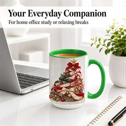 #pl[15oz|Green] Ribbon Christmas Tree Ceramic Mug, Festive Holiday Coffee Cup
