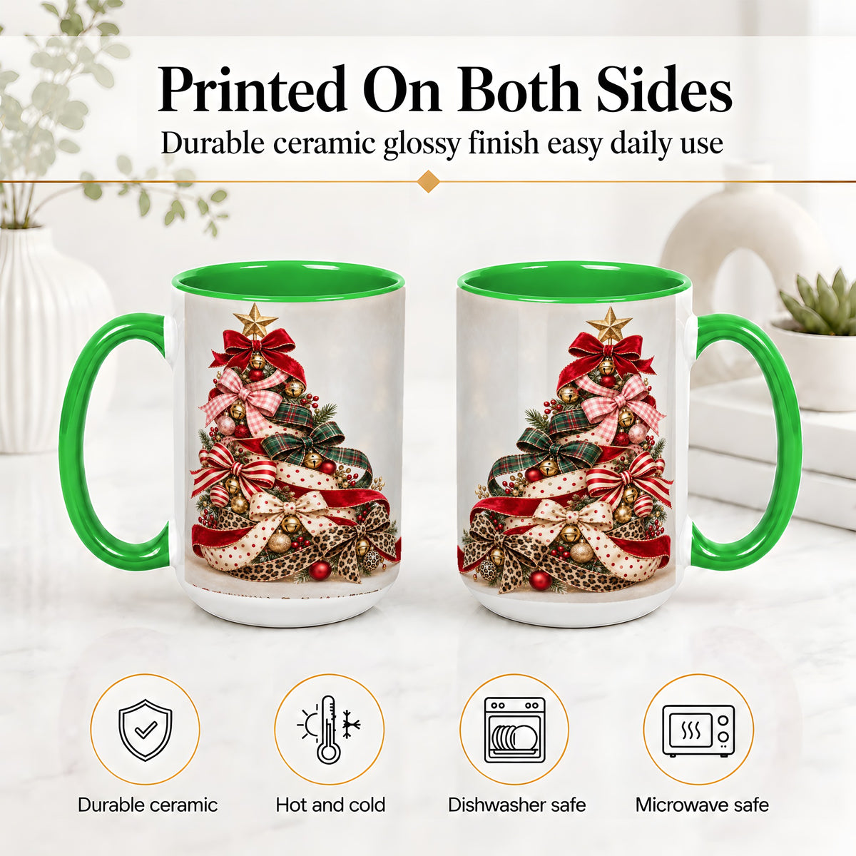 #pl[15oz|Green] Ribbon Christmas Tree Ceramic Mug, Festive Holiday Coffee Cup