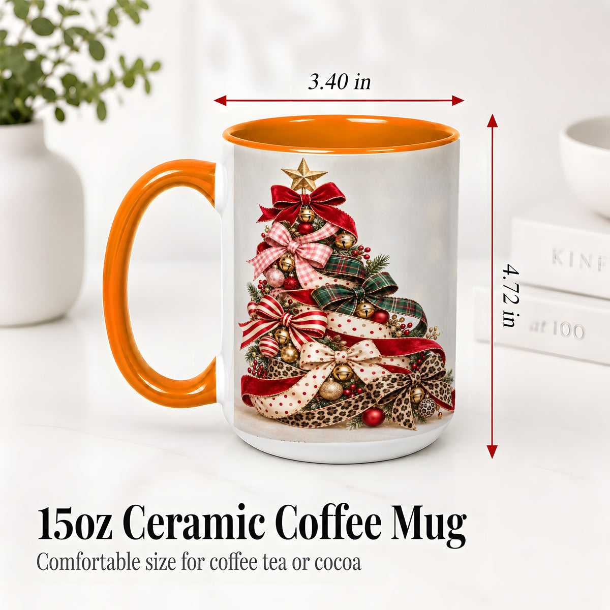 #pl[15oz|Orange] Ribbon Christmas Tree Ceramic Mug, Festive Holiday Coffee Cup
