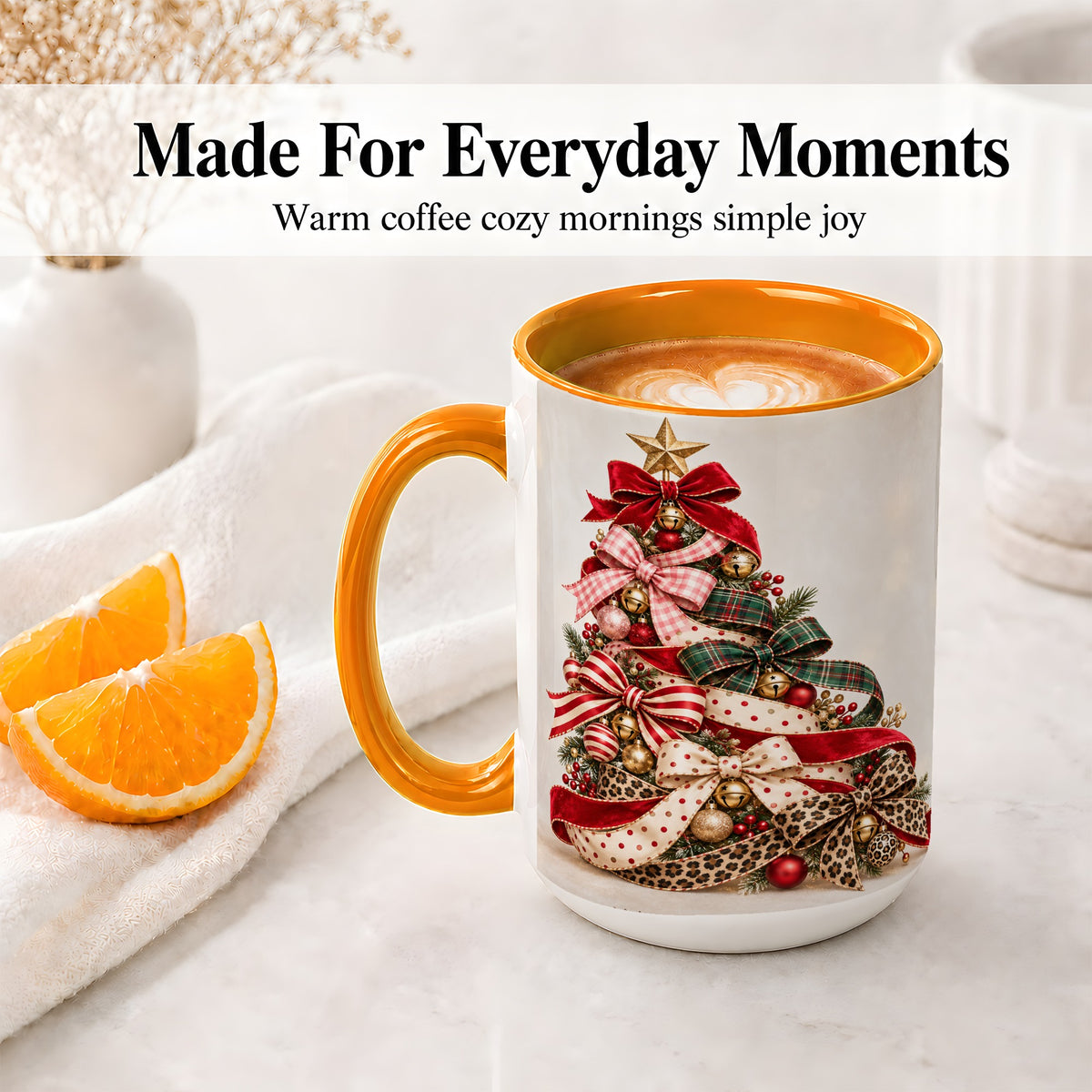 #pl[15oz|Orange] Ribbon Christmas Tree Ceramic Mug, Festive Holiday Coffee Cup