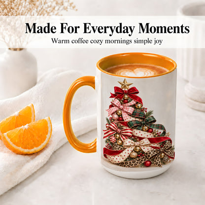 #pl[15oz|Orange] Ribbon Christmas Tree Ceramic Mug, Festive Holiday Coffee Cup