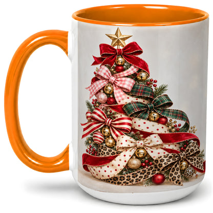 #pl[15oz|Orange] Ribbon Christmas Tree Ceramic Mug, Festive Holiday Coffee Cup