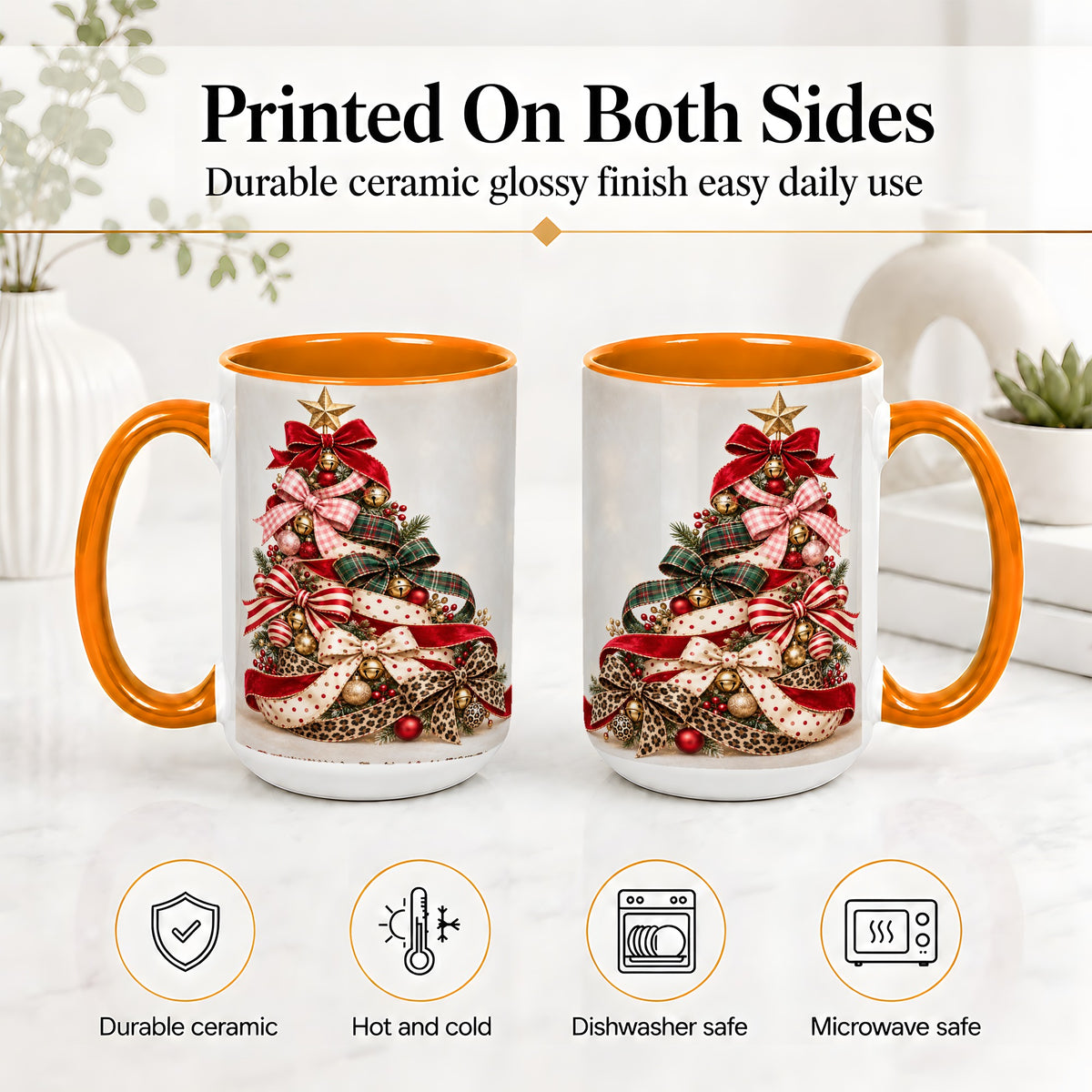 #pl[15oz|Orange] Ribbon Christmas Tree Ceramic Mug, Festive Holiday Coffee Cup