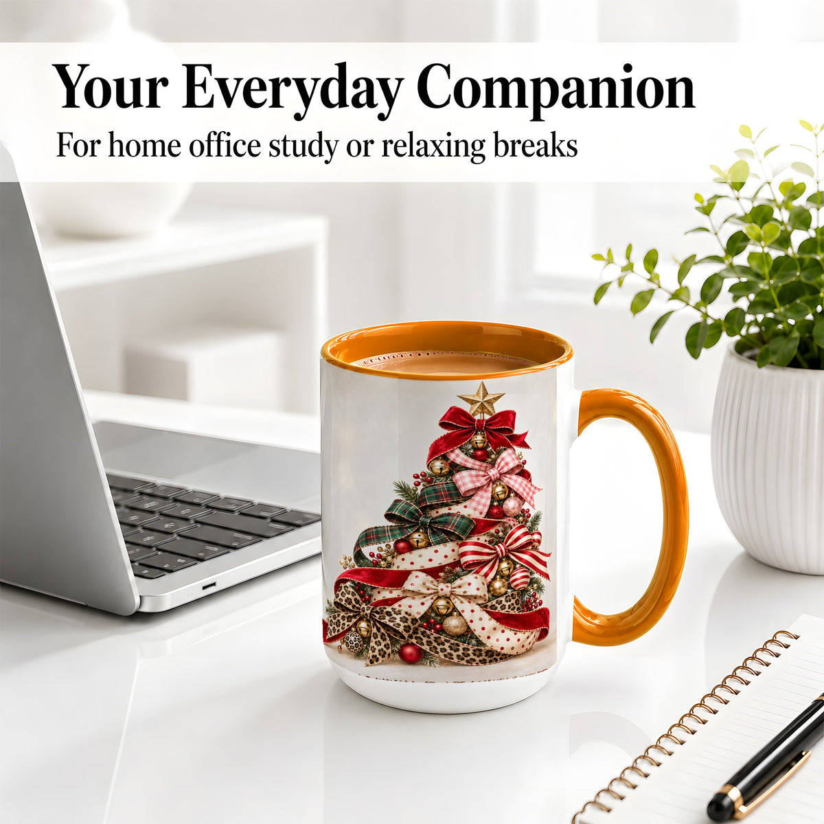 #pl[15oz|Orange] Ribbon Christmas Tree Ceramic Mug, Festive Holiday Coffee Cup