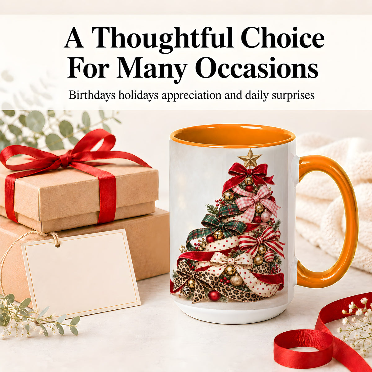 #pl[15oz|Orange] Ribbon Christmas Tree Ceramic Mug, Festive Holiday Coffee Cup