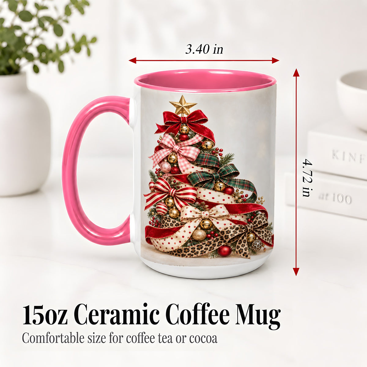 #pl[15oz|Pink] Ribbon Christmas Tree Ceramic Mug, Festive Holiday Coffee Cup