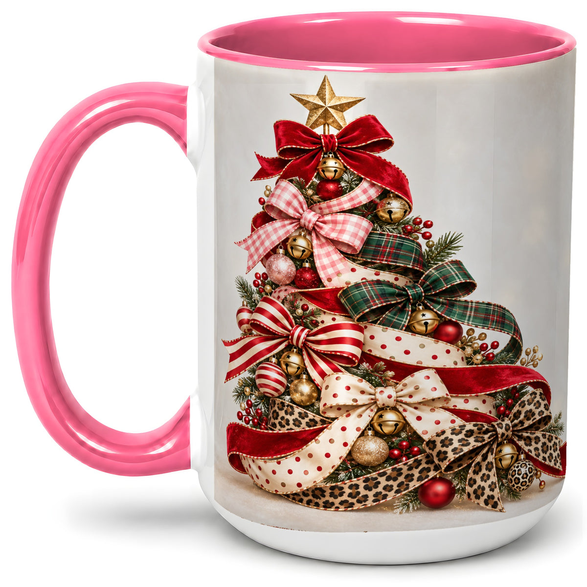 #pl[15oz|Pink] Ribbon Christmas Tree Ceramic Mug, Festive Holiday Coffee Cup