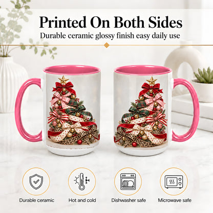 #pl[15oz|Pink] Ribbon Christmas Tree Ceramic Mug, Festive Holiday Coffee Cup