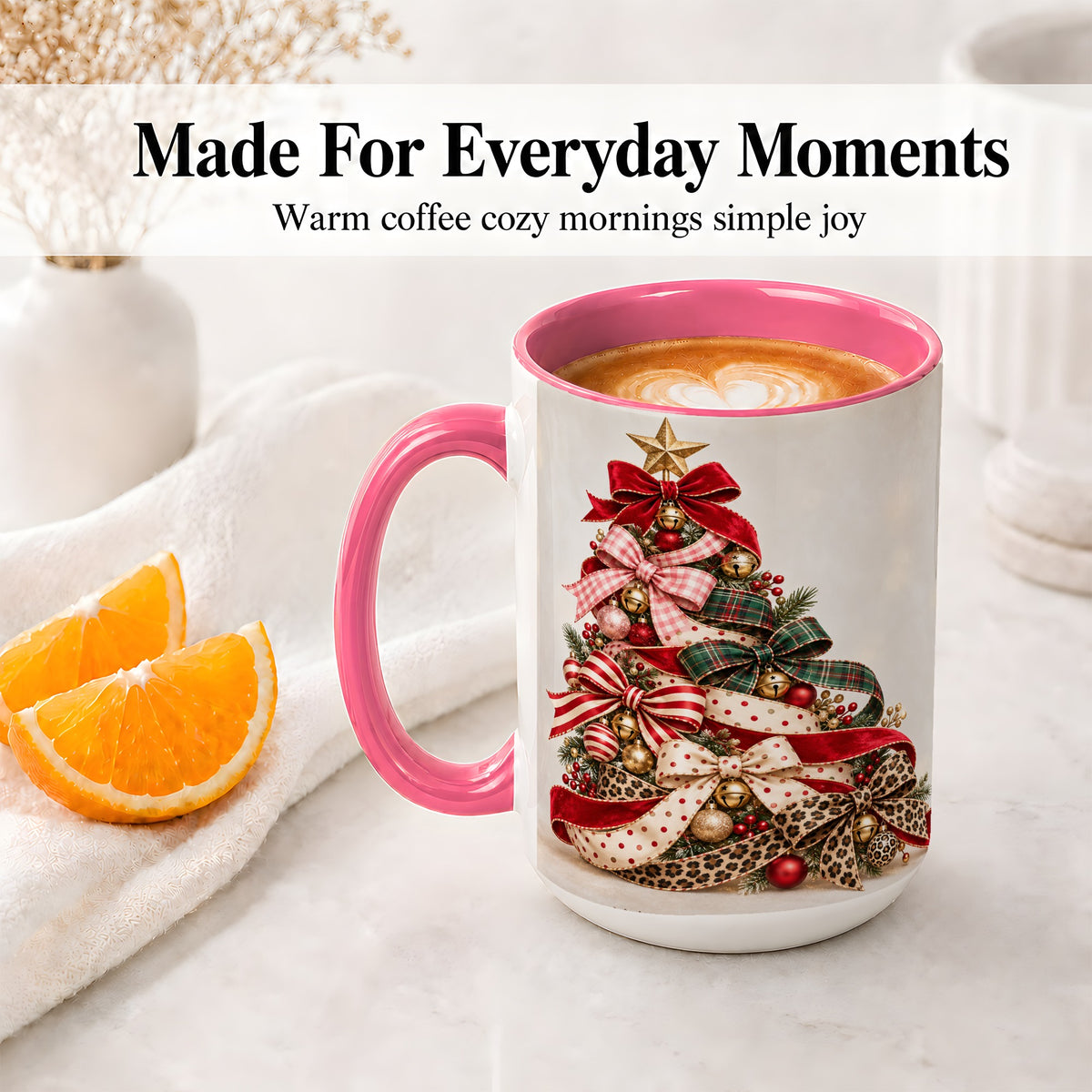 #pl[15oz|Pink] Ribbon Christmas Tree Ceramic Mug, Festive Holiday Coffee Cup