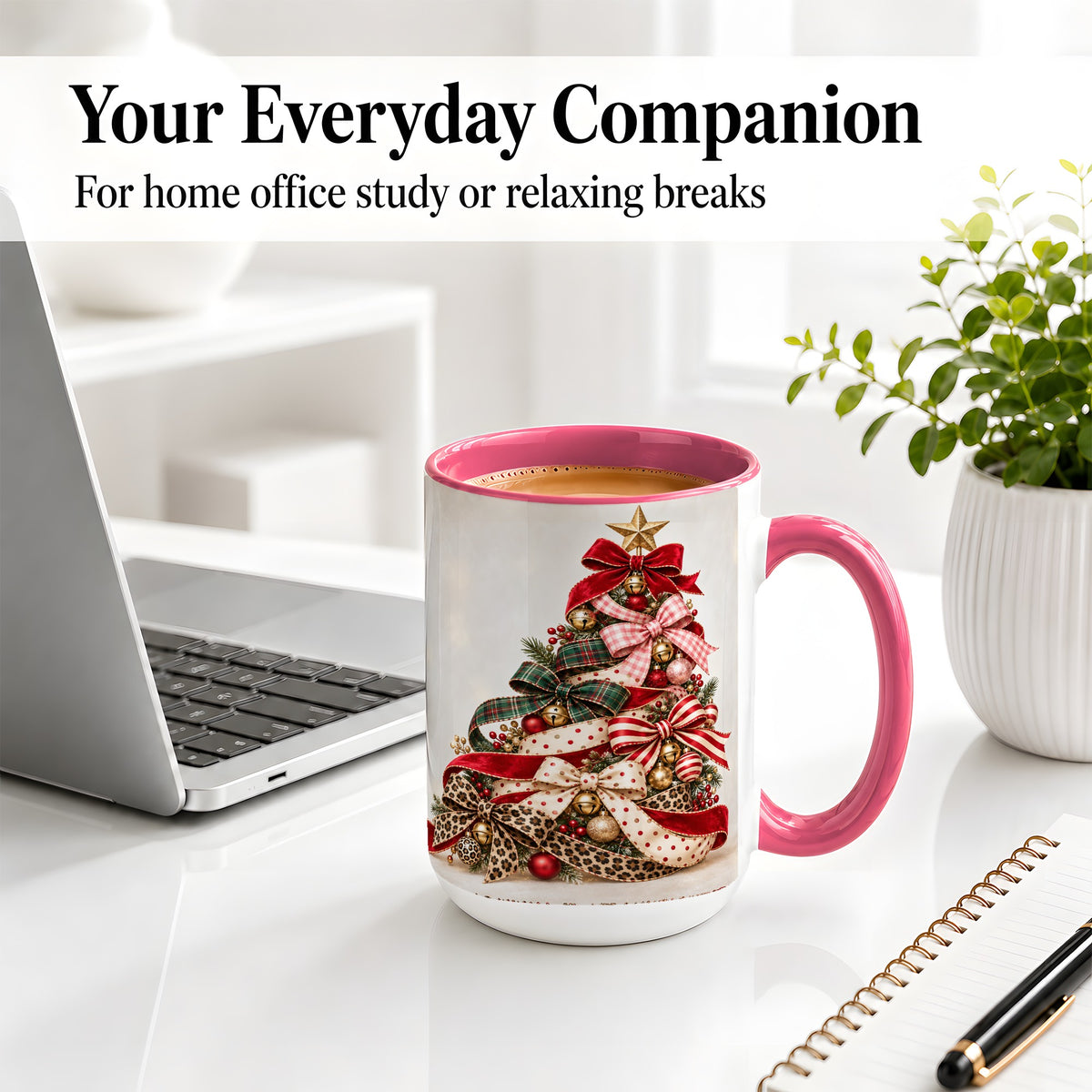 #pl[15oz|Pink] Ribbon Christmas Tree Ceramic Mug, Festive Holiday Coffee Cup