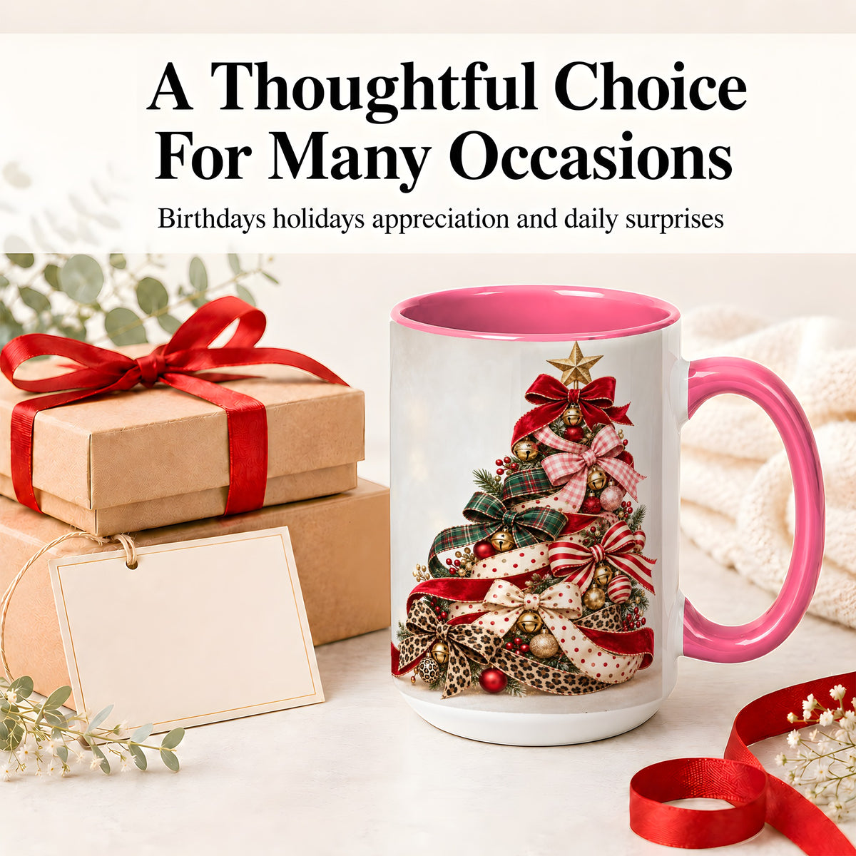 #pl[15oz|Pink] Ribbon Christmas Tree Ceramic Mug, Festive Holiday Coffee Cup