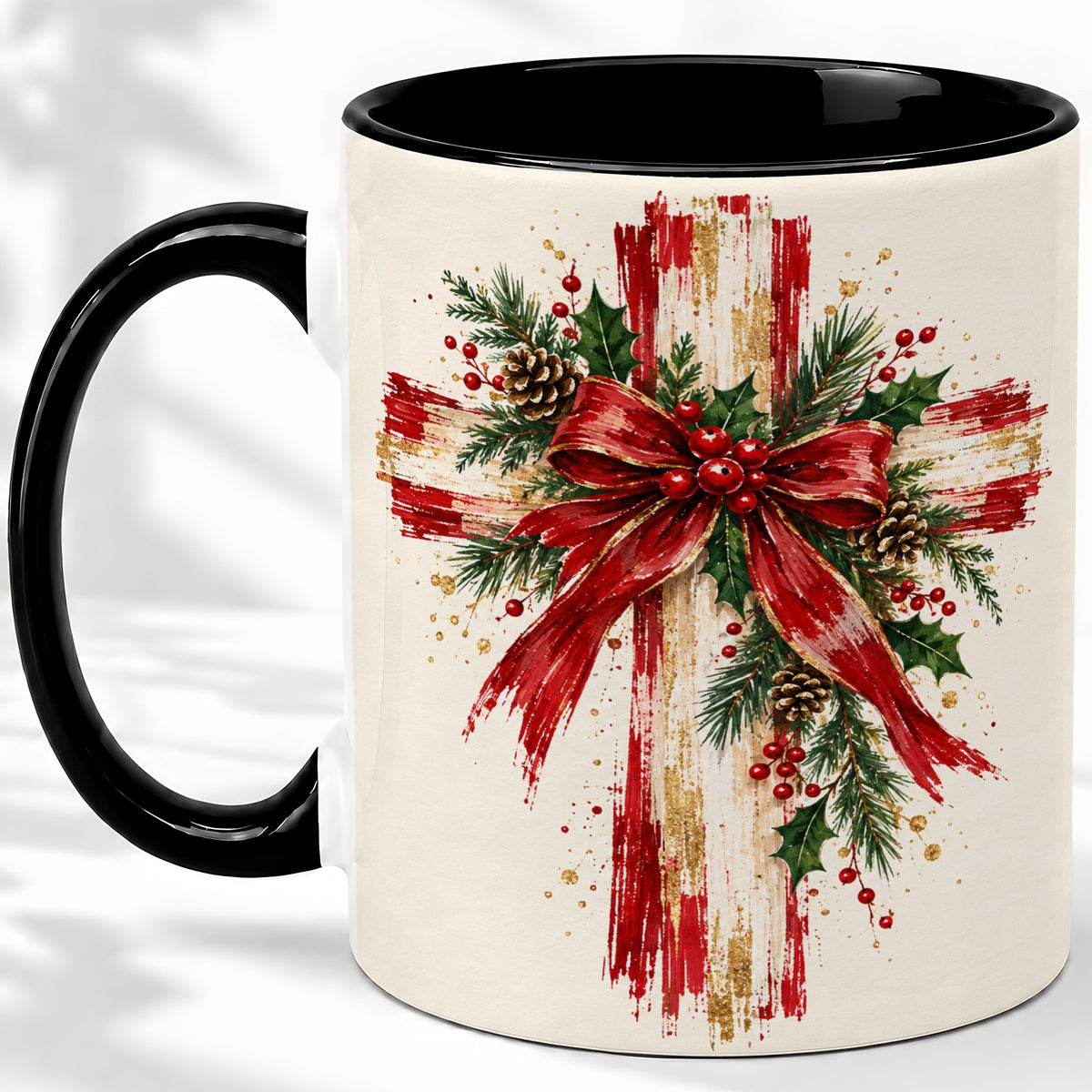 #pl[11oz|Black] Christmas Cross Ceramic Mug, Faith Holiday Coffee Cup Artwork
