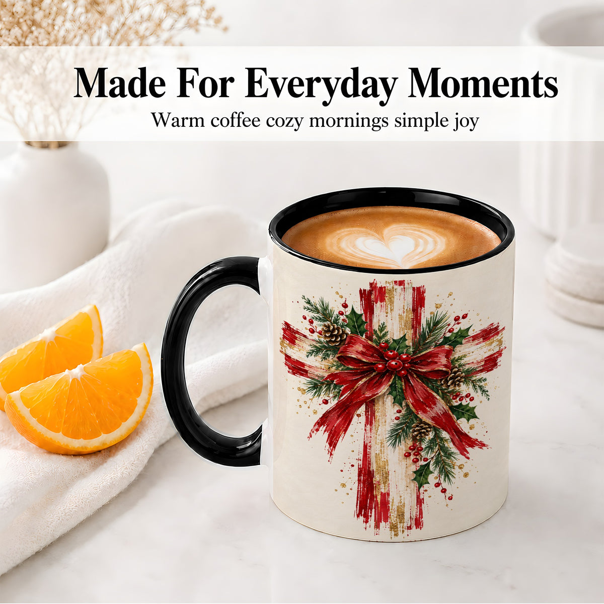 #pl[11oz|Black] Christmas Cross Ceramic Mug, Faith Holiday Coffee Cup Artwork