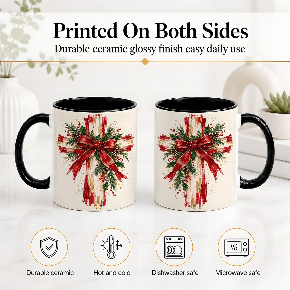 #pl[11oz|Black] Christmas Cross Ceramic Mug, Faith Holiday Coffee Cup Artwork