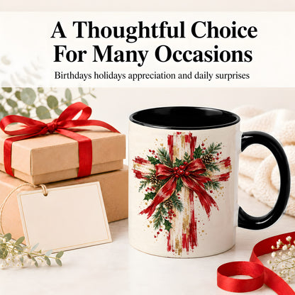 #pl[11oz|Black] Christmas Cross Ceramic Mug, Faith Holiday Coffee Cup Artwork