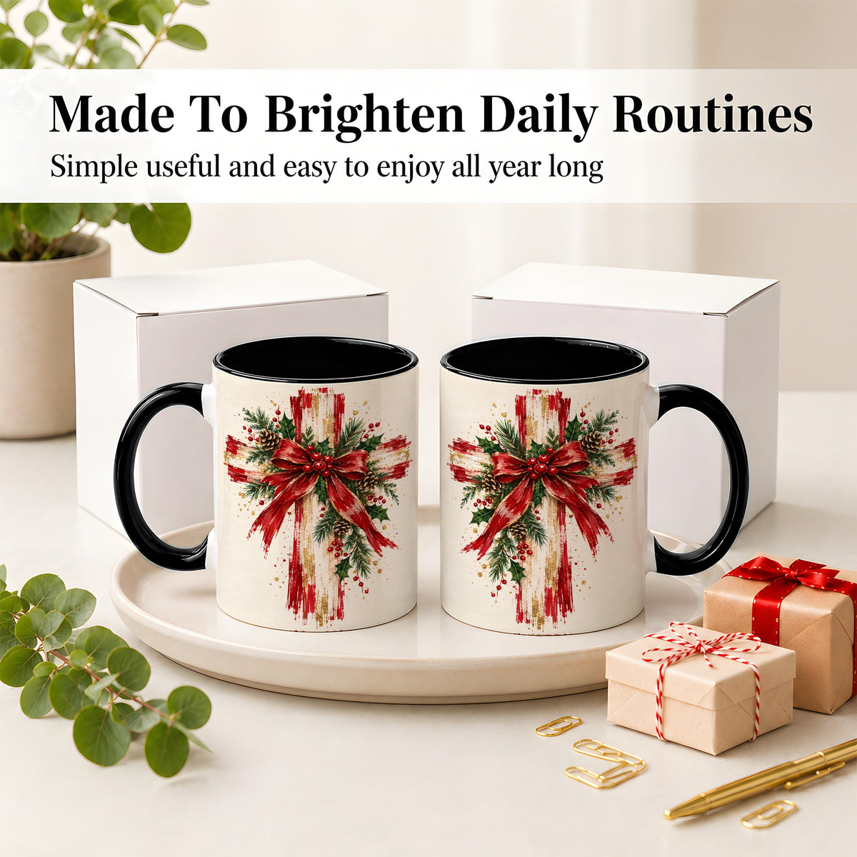 #pl[11oz|Black] Christmas Cross Ceramic Mug, Faith Holiday Coffee Cup Artwork