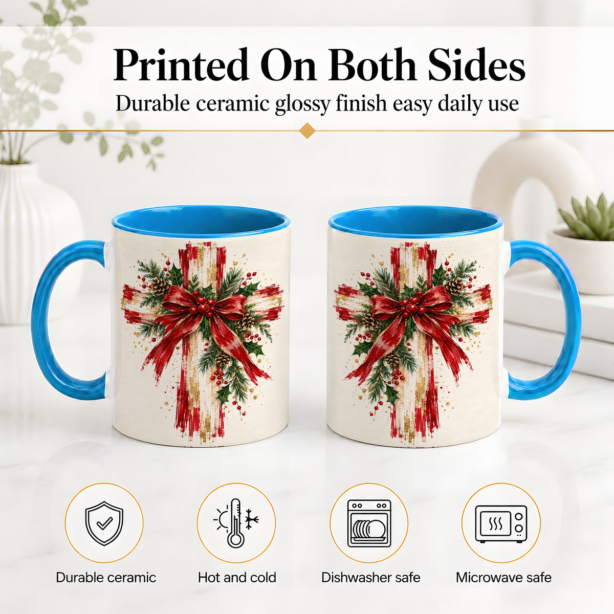 #pl[11oz|Blue] Christmas Cross Ceramic Mug, Faith Holiday Coffee Cup Artwork
