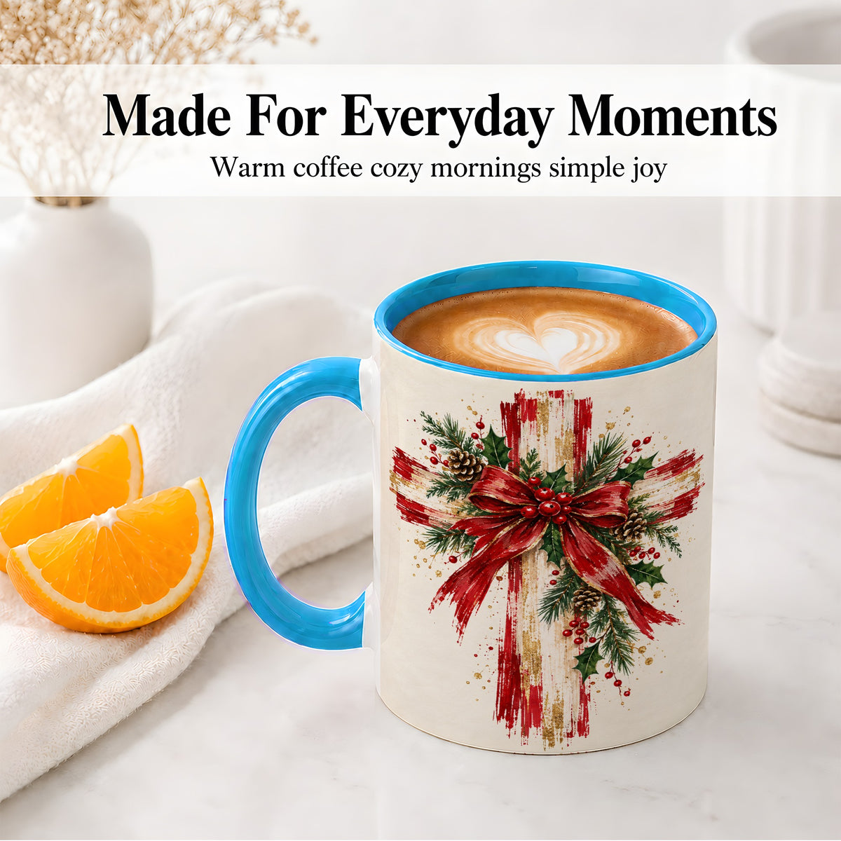 #pl[11oz|Blue] Christmas Cross Ceramic Mug, Faith Holiday Coffee Cup Artwork