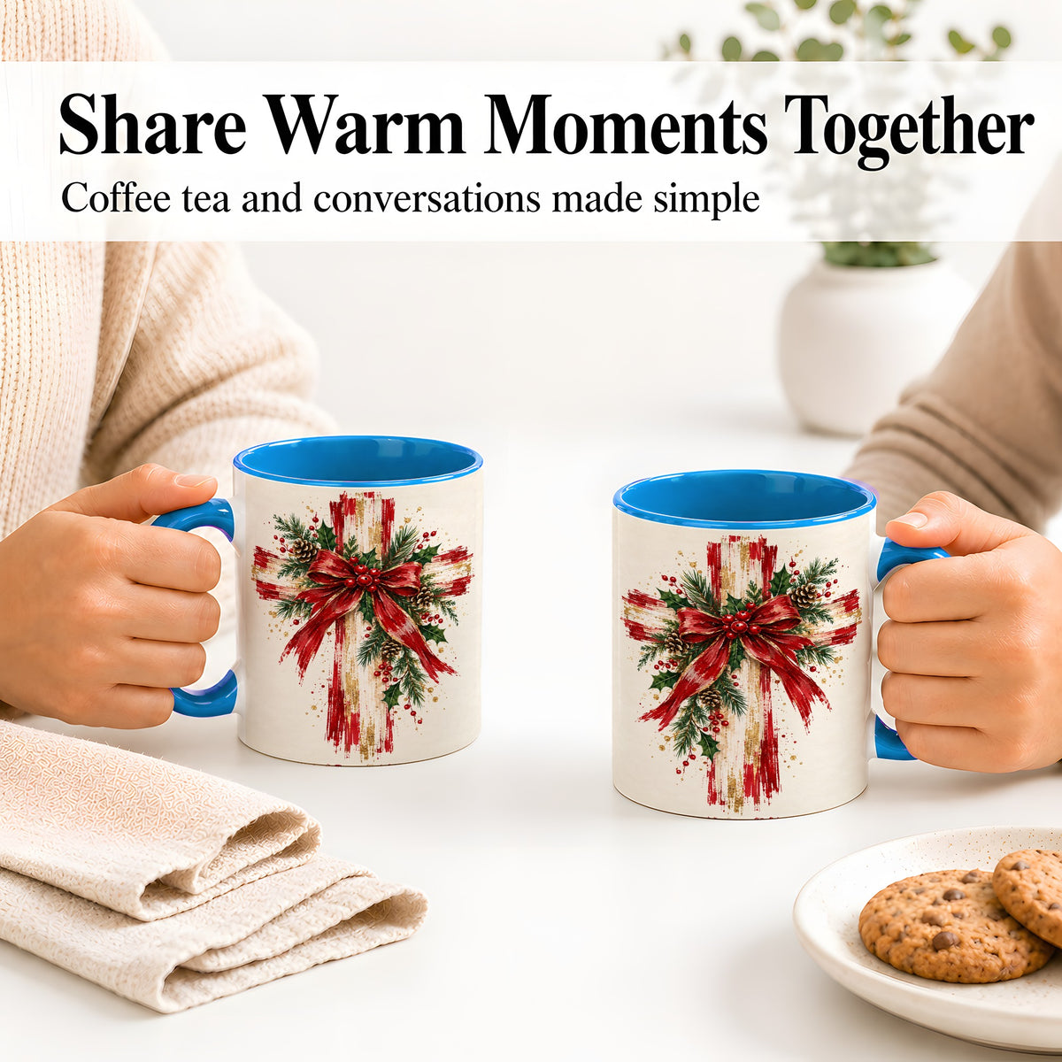 #pl[11oz|Blue] Christmas Cross Ceramic Mug, Faith Holiday Coffee Cup Artwork